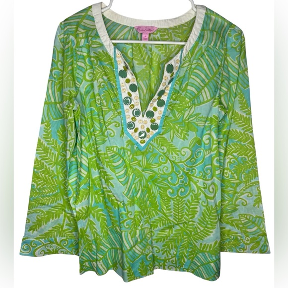 Lilly Pulitzer Thandie Green Palm Leaf Embellished Tunic Top - Picture 2 of 9